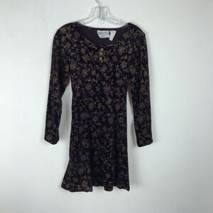 Vintage Purple Velvet Dress Size Petite 6P Gold Floral Long Sleeve Mini Y2K